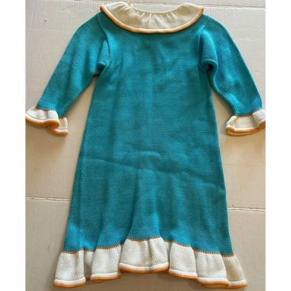 Zackali-4-Kids Hand Knitted Blue Flower Ruffle Cotton Sweater Dress Girls Sz 7/8